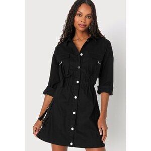 Lulus Confident Aura Black Twill Long Sleeve Utility Mini Dress - Size S